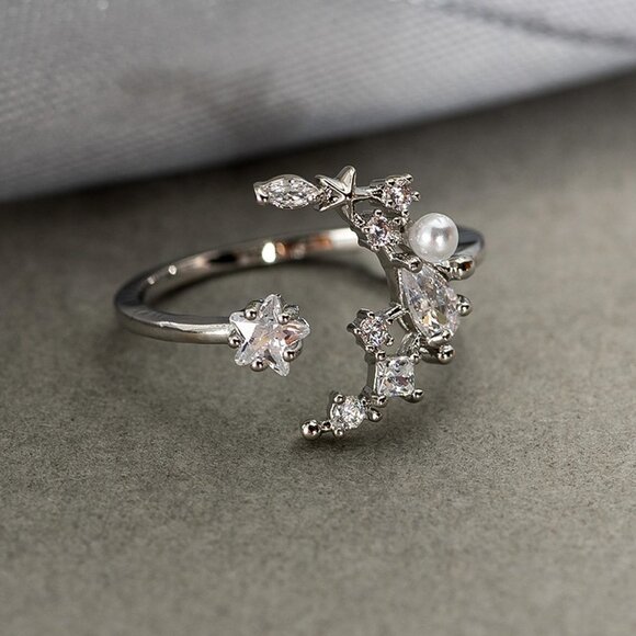 💥 Shiny Star Moon Design Silver Rose Gold Plated CZ Ring for Women, HA4420 - Picture 1 of 3